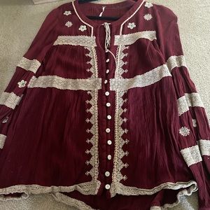 Free people maroon cream ivory embroidered top S